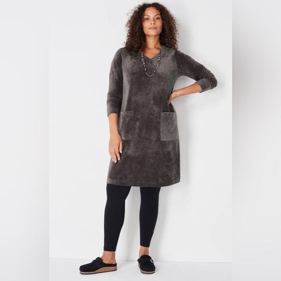 J Jill Pure Jill Velour A‎ Line Dress V Neck Front Pockets Crushed Gray Size M - Picture 1 of 14